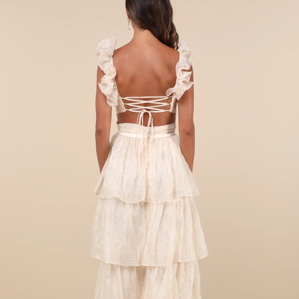 Whimsical Aura Champagne Embroidered Ruffled Lace-up Midi Dress - Picture 3 of 8